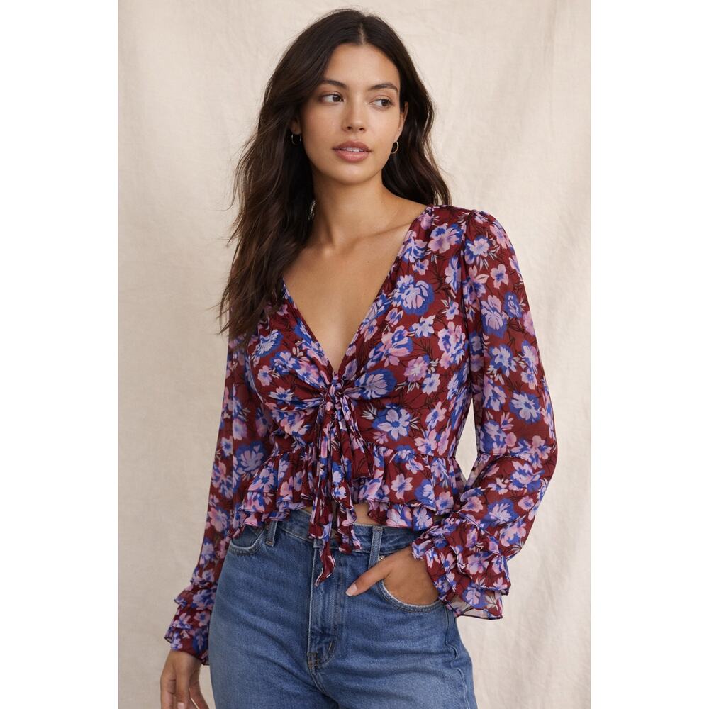 Free People Floral Maybel Blouse Shiraz Combo Tie Front Peplum Ruffle Crop XS